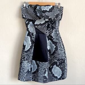 CUE Snake Print Blue Black Strapless Mini Dress